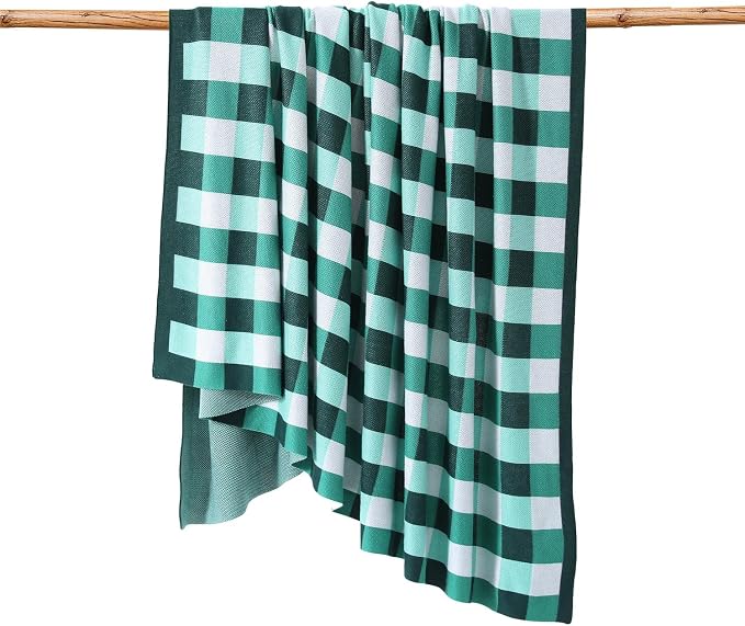 BOV Knit Checkered Throw Blanket - 100% Viscose Silky Super Soft Breathable Lightweight Summer Blanket for Chair Couch Sofa, Perfect Self Care Gifts for Women, Fern Green 50"x60"