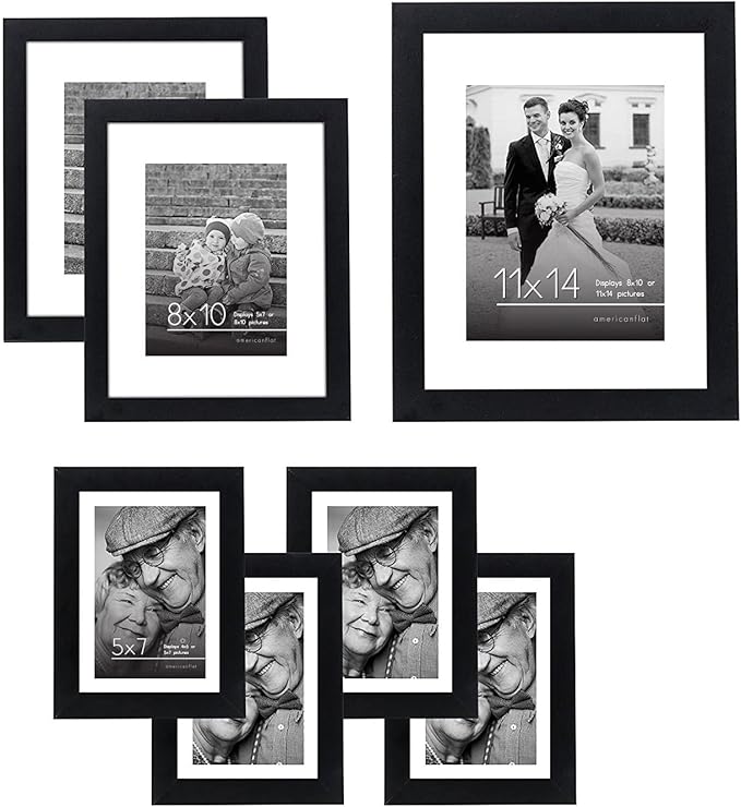 Americanflat Set of 7 Picture Frames with Shatter-Resistant Glass - Gallery Wall Frame Set with One 11x14, Two 8x10 and Four 5x7 Frames - Signature Collection - Black