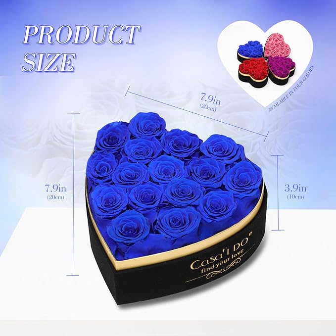 Casaido Preserved Roses Flowers for Delivery 16 Pcs, Mothers Day Rose Gifts for Her, Forever Flores in Heart Box with Necklace, Anniversary Birthday Christmas Vanlentine Gift for Wife Girlfriend, Blue