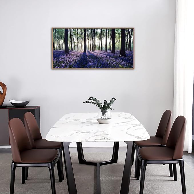 yearainn Framed Lavender Forest Wall Art – Purple Lavender Field with Sunlight through Trees Canvas Picture, Nature Landscape Painting Artwork for Home Wall Decor, Natural Wood Frame, 20" x 40"
