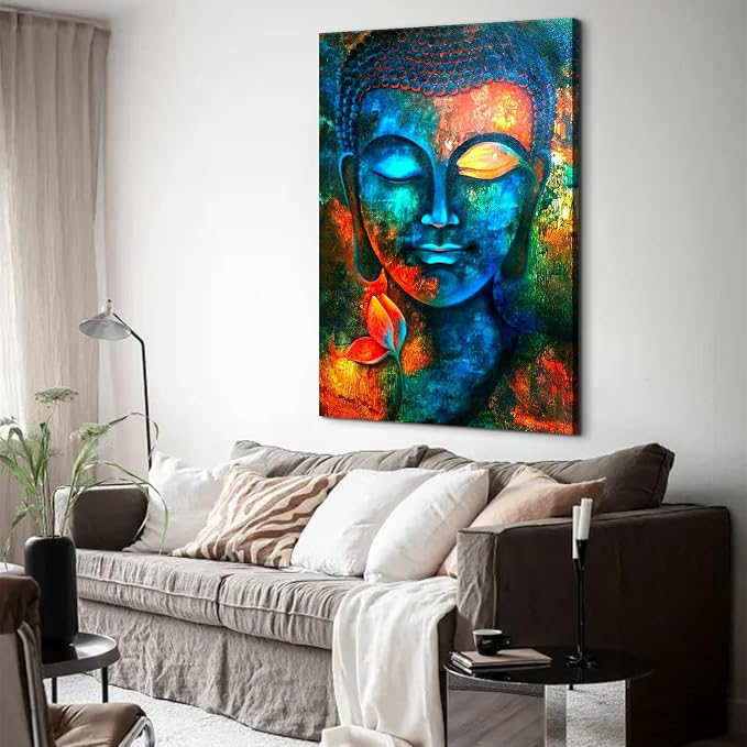 Blue Buddha Wall Decor Colorful Abstract Buddha Head Wall Art Zen Posters Modern Home Decor Living Room Study Bedroom Canvas Prints Painting Lotus Murals Hang Pictures Decoration 36x48 Inch