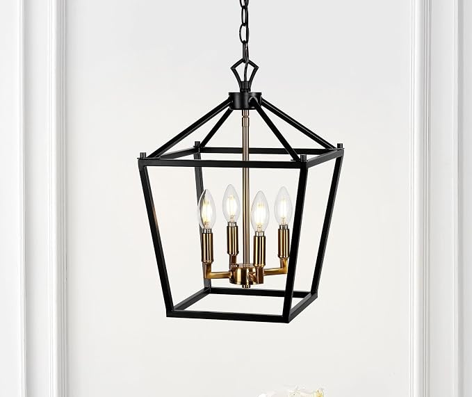 JONATHAN Y 12" Oil Rubbed Bronze/Brass Gold Lantern Pendant Light, 1-Light Pagoda Style Metal Cage Farmhouse Hanging Ceiling Fixture for Kitchen Island, LED Bulb Included (JYL7436D)