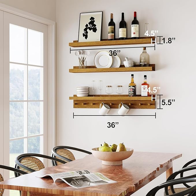MBYD Solid Wood Light Walnut Floating Nursery Shelves for Living Room, 36 Inch Wall Shelf with Hooks & Wooden Pegs, Picture Ledge to Organize Kitchen Decor, Declutter Small Items & Hang Accessories