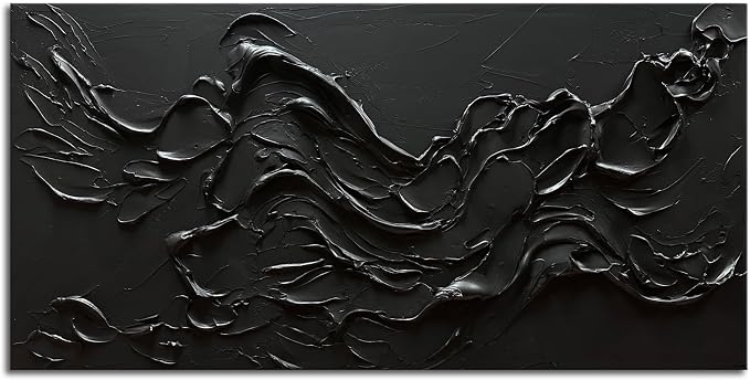 zoinart 100% Hand Painted Thick Texture Black Wall Art Minimalist Oil Painting Contemporary Art 24x48 Inches Oil on Canvas Black Texturd Wall Art Home Decoration