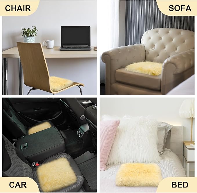 Drydiet 2 Pcs Natural Sheepskin for Bed Sores and Skin Imitation Wool Medical Sheepskins with Non-Slip Back for Pain Relief and Discomfort, Wool Seat Pad, 17 in x 17 in (Square,Beige)