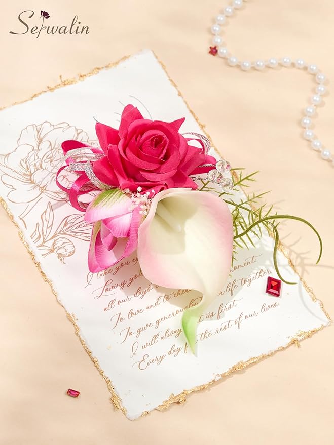 Serwalin Hot Pink Prom Corsage and Boutonniere Set, Artificial Calla Lily & Rose Wrist Corsage Wristlet for Homecoming, Formal Dance, Wedding Flowers Accessories Party Suit Decorations