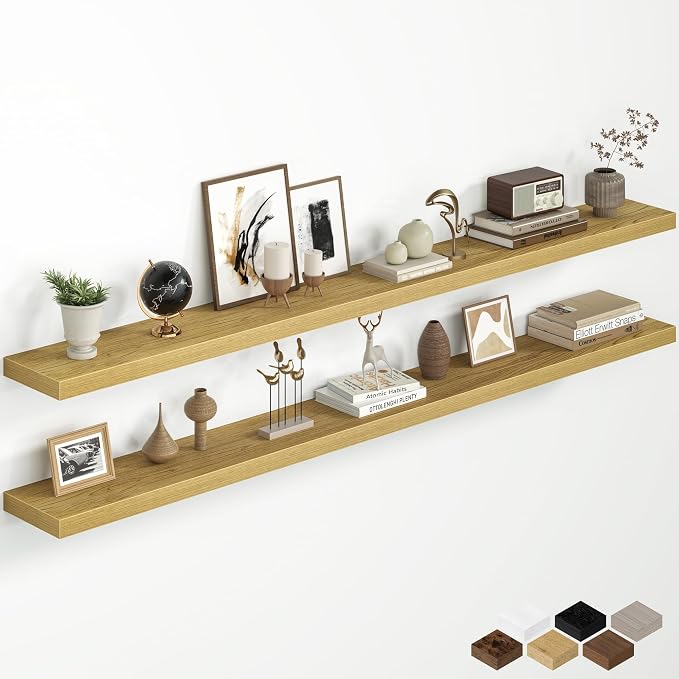Fun Memories 72 Inch Floating Shelves for Wall, 8 Inch Deep Wall Mounted Wood Shelves with Invisible Brackets for Bathroom, Bedroom & Kitchen Storage Decor, Oak, 2 Pack