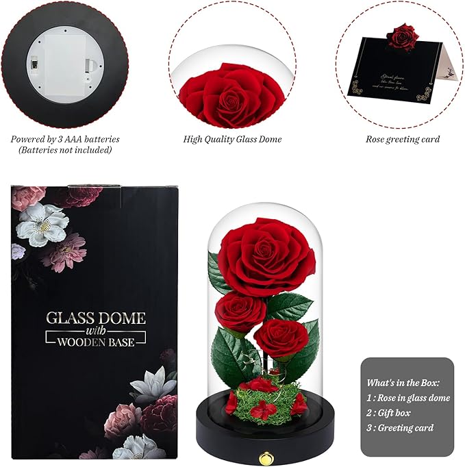 3 Preserved Flowers Roses in Glass Dome for Beauty and The Beast Decor Real Rosas Eternas for Women Mom Birthday,Forever Red Roses for Delivery, Gifts for Wife Girlfriend Her