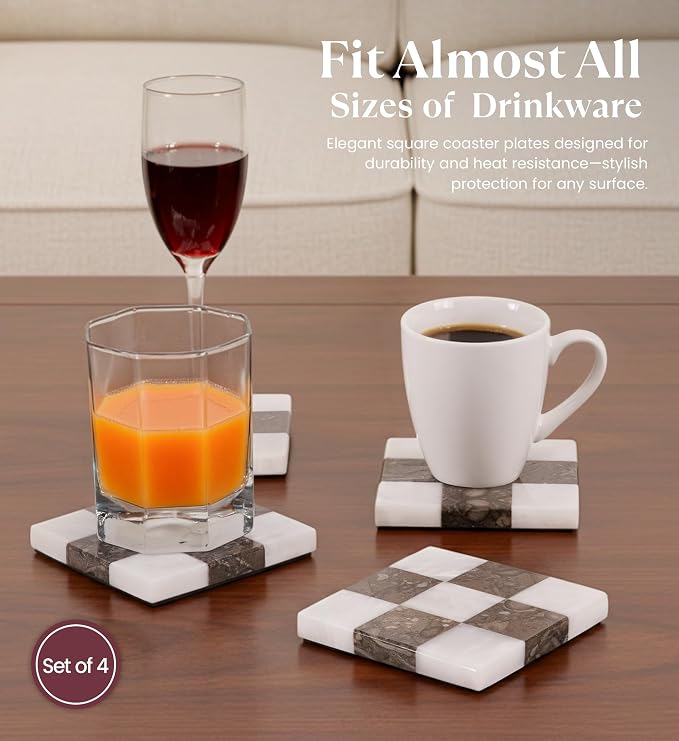 Marble Coasters Set of 4, White & Oceanic Handmade 4 inch Stone Coaster, Square Drink Checkered Coasters for Coffee Table, Stylish Bar Accessories & Modern Home Décor