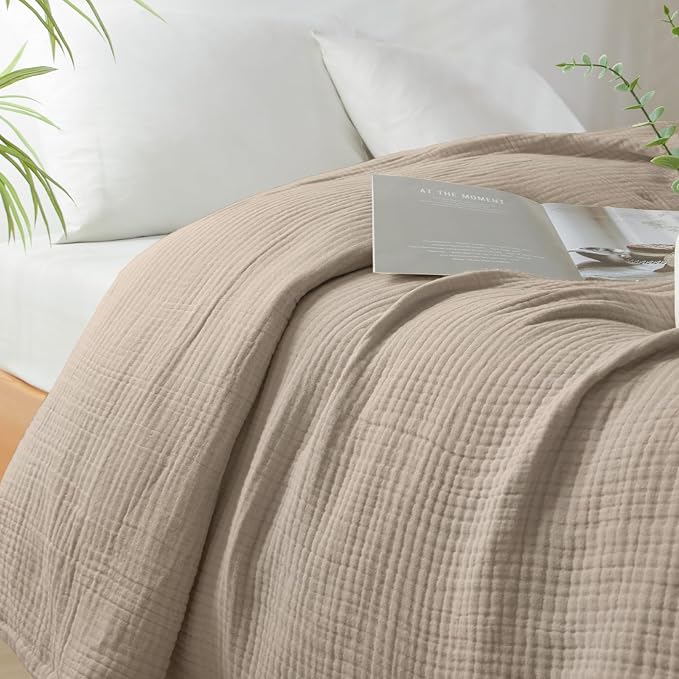 PHF 100% Cotton Muslin Throw Blanket 50" x 60", 4-Layer Lightweight Gauze Throw, Breathable Cloud-Soft Minimalist Blanket for Bed, Couch, Camping, Taupe, Ideal Gift