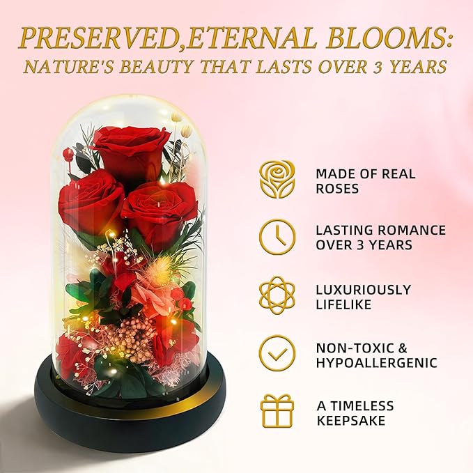 HipTree Preserved Red Rose in Glass Dome with LED Lights - Forever Eternal Real Rose Gifts for Women, Valentines Day Mothers Day Birthday Christmas Gift Wedding Anniversary for Mom Wife Girlfriend