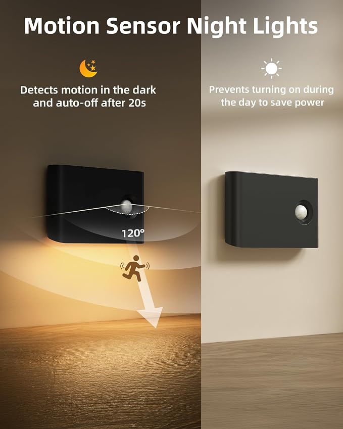 EZVALO 6 Pack Motion Sensor Night Lights, Sync LED Stair Lights Indoor, 1500mAh Rechargeable, Magnetic & Dimmable, 3000K Soft White, Portable Nightlight for Hallway, Stairs, Bathroom, Bedroom (Black)