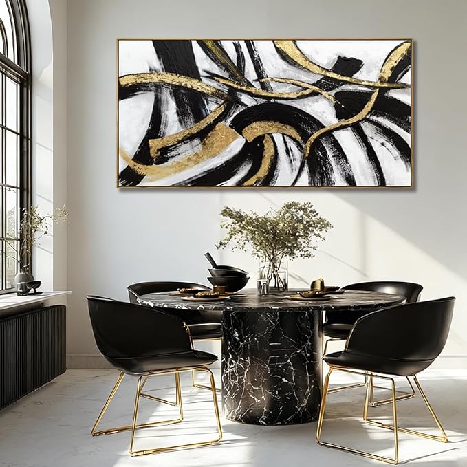 Black And Gold Abstract Framed Wall Art Minimalist Lines Painting Artwork Modern Picture Prints Large Wall Decor 24"x48"