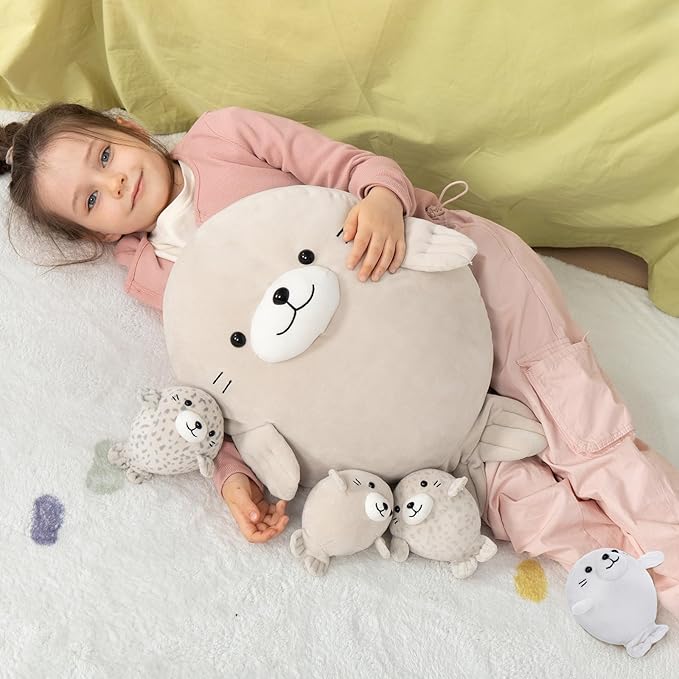 MaoGoLan 5Pcs Fat Seal Plush with 4 Babies Inside - 20" Giant Ultra Soft Seal Stuffed Animal Throw Pillow - Squishy Mother-Babies Collection Gift for Seal Lover,Kids,Boys, Gray