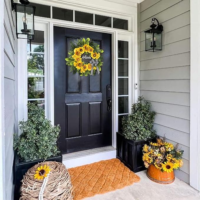 sunflower wreath with welcome,spring summer wreath for front door, unique housewarming gift,mother'day gift,farmhouse porch decor,sunflower wall decor,wedding favors,year round wreaths-20inch
