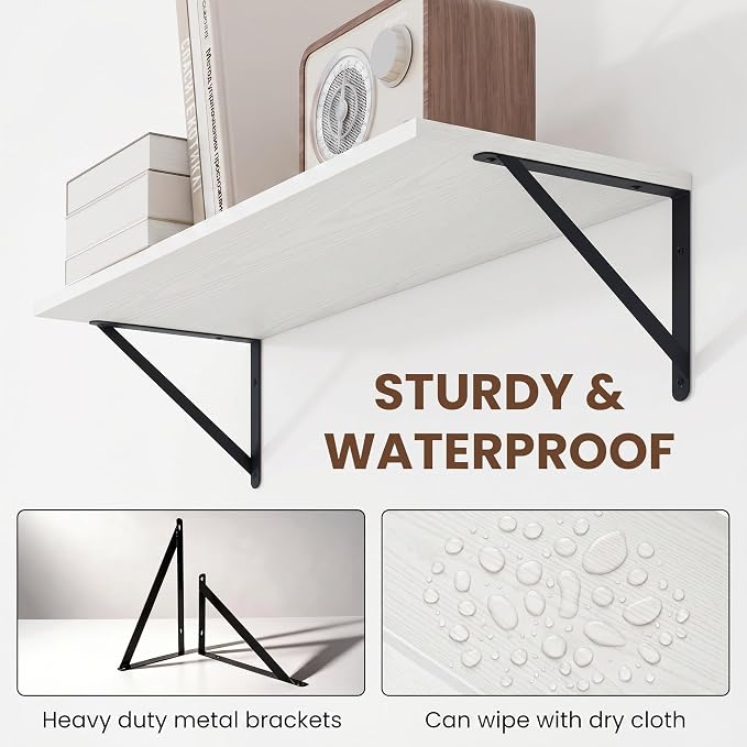 Vivelove White Deep Floating Shelves for Wall, 24W x 8D Wood Wall Shelves Set of 3, Wide Floating Bookshelf for Living Room, Kitchen, Office, Bedroom and Decor Storage, with Black Bracket - White