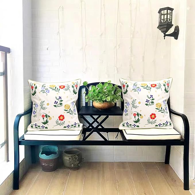 Set of 2 Embroidered Decorative Throw Pillow Covers Couch Square Pillowcases Cushion for Bedroom Sofa Farmhouse Decor 18x18 Inch (Flower-C)