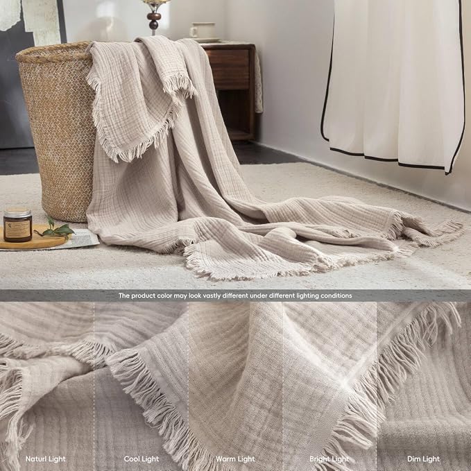 FOSSA Muslin Blanket: 4-Layer 100% Cotton Gauze Blanket with Fringe 98"x98" | Super Soft Breathable Lightweight All Season & Decorative Blanket or Bed, Sofa, Office (Beige Gray,Oversize Queen)