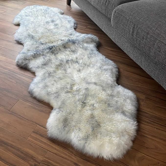 HUAHOO Premium Genuine Sheepskin Rug White Grey Real Australia Sheepskin Natural Luxury Fluffy Lambskin Fur Area Rug Seat Covers for Kids Bedroom Sofa Chair Cover Double Pelt/2' x 6' Wolf Tip