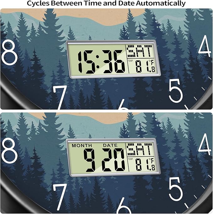 12 Inch Wilderness Sunset Wall Clock, Silent Non-Ticking Battery Operated Analog Clock with LCD Date, Day & Temperature Display, Modern Wall Clock for Living Room, Home Office, Bedroom, Farmhouse