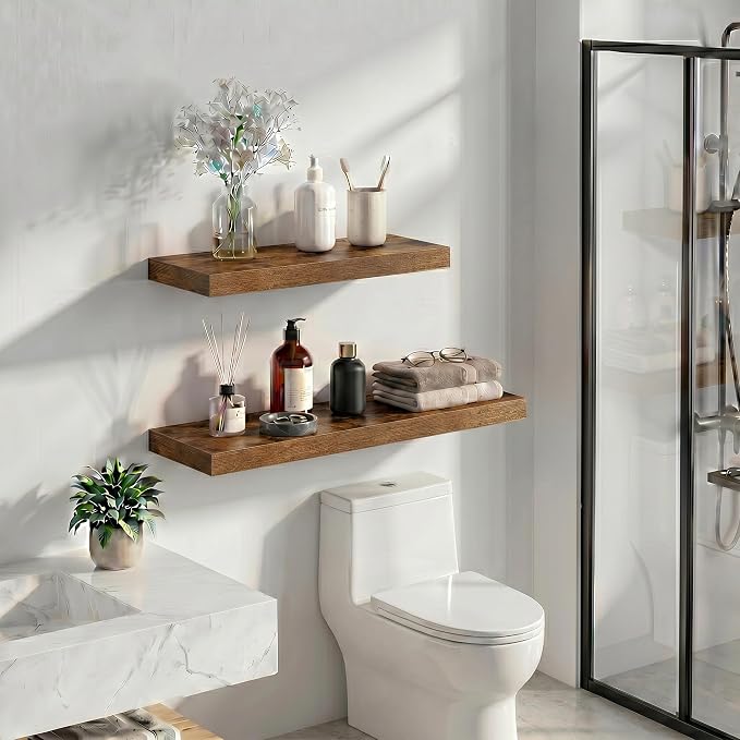 Heimlove 24 inch Floating Shelves for Wall,9.3 inch deep Brown Bathroom Over Toilet Shelf,Wall Mounted Rustic Wood Shelves for,Bedroom,Living Room,Kitchen,Office Decor Set of 2-Brown