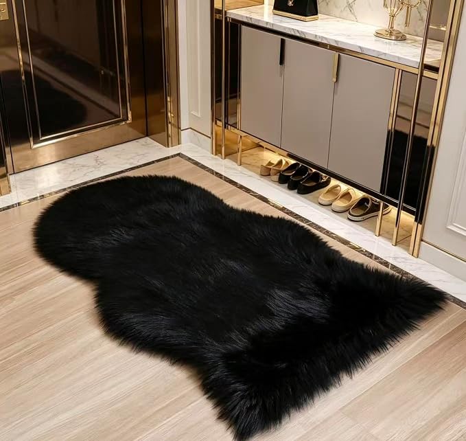Faux Fur Rug 2 x 3 ft Sheepskin Shaggy Fuzzy Black Area Rug Super Soft Fluffy Plush Carpet for Bedroom Living Room Sofa Floor Kids Room Bedside
