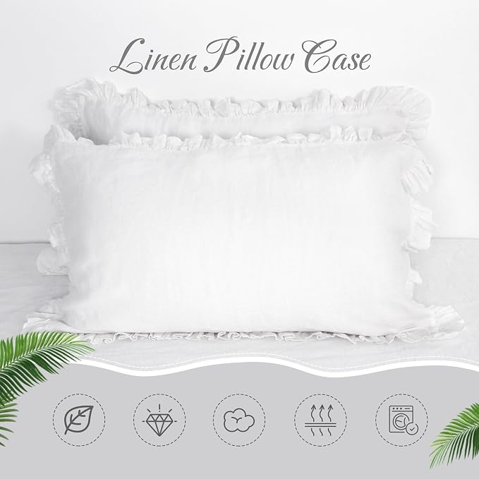Linen Ruffled Pillow Cases, 100% French Natural Linen Pillowcase Set of 2, Decorative Boho Pillow Cases Ruffle Bedding King Size (20''x40''), White