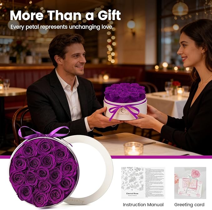 Mothers Day Flowers Roses Gifts for Mom,16pcs Purple Forever Preserved Roses in Round Gift Box,Mothers Day Delivery Prime Gifts-Roses Gifts for Women,Mom.