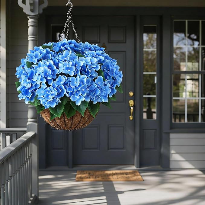 FOTEEWL 16 Bundles Artificial Hydrangea Flowers for Outdoor Decor, Realistic Faux Silk Bouquets Sun-Resistant Fake Plants for Front Door Balcony Farmhouse Garden Home Spring Summer Decor (Blue)