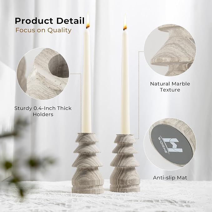 Marble Candle Holders Set of 2, Natural Stone Candlestick Holder for Christmas Decor, Wedding Centerpiece, Dining Table Fits 3/4" Taper Candles, Non-Slip Base, Grey (WH071)