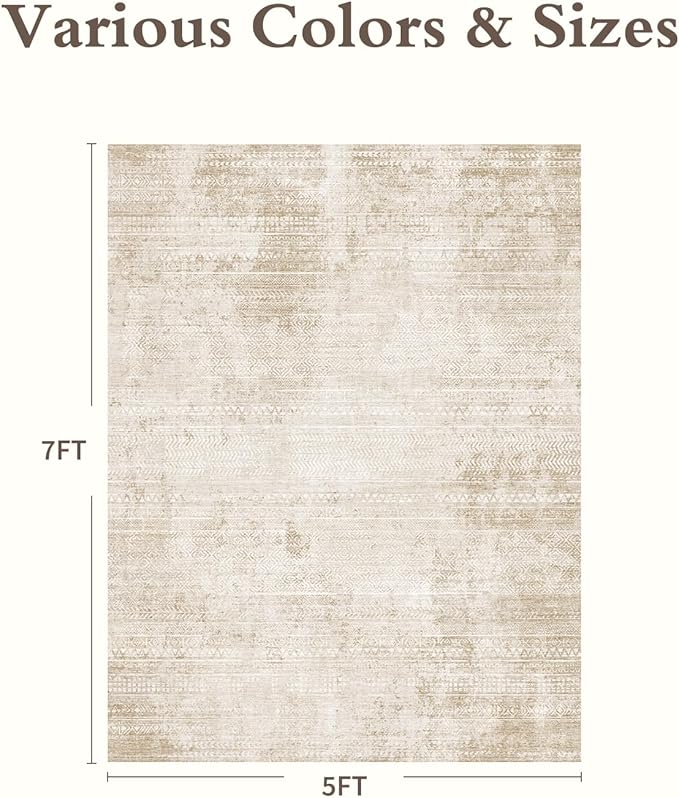 5x7 Area Rugs for Living Room Non Slip Machine Washable Rug Distressed Abstract Soft Indoor Carpet Neutral Boho Rug for Bedroom Dining Room Playroom Office, Beige