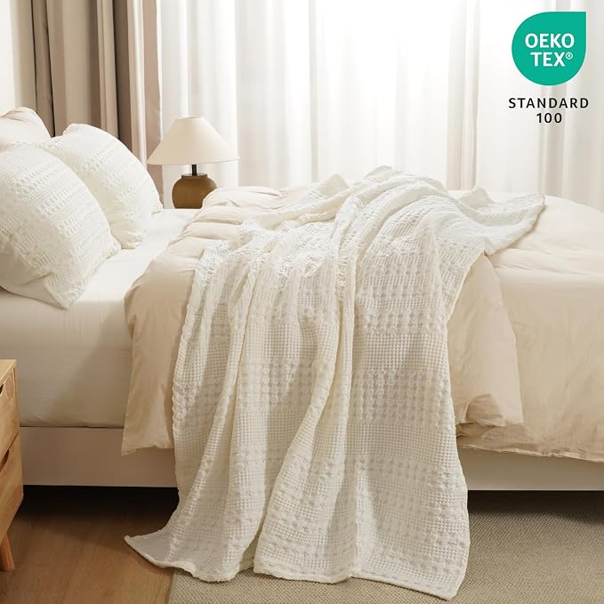 PHF 100% Cotton Waffle Throw Blanket for Couch, Lightweight Breathable and Soft for Summer, Luxury Aesthetic Waffle Weave Blanket for Home Decor & Office, Gifts for Women, 50"x60", Ivory