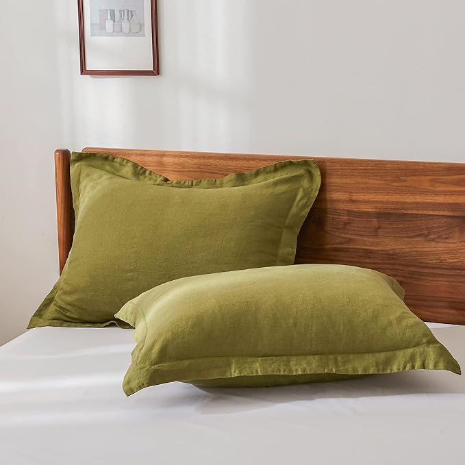 100% French Linen Pillow Shams Basic Style - Pack of 2 - Washed Solid Color Natural Flax Soft Breathable - Olive, 20'' x 26''