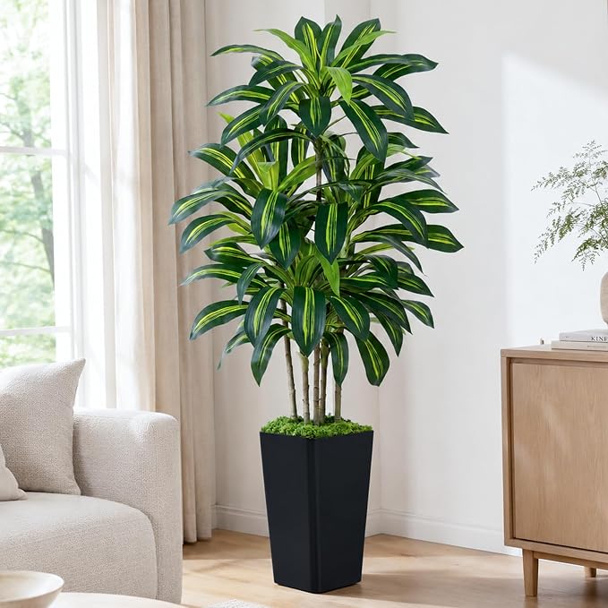 Dracaena Plant Artificial Tree 5Ft Tall Fake Tropical Floor Plants Potted (Real Touch) Artificial Silk Tree Leaf Faux Trees Black Tall Planter for Home Office Living Room Indoor Outdoor Decor