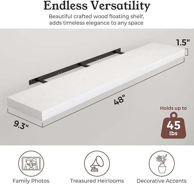 White Floating Shelves for Wall for Wall, 9.3" Deep Wall Mounted Wood Shelves for Bathroom, Bedroom (White, 48)