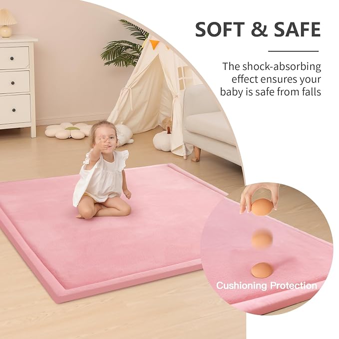 Huloo Sleep Ultra Soft Baby Play Mat for Floor, 1.3" Thick Elasti-Foam 65x50 Play Mat for Playpen,Water-Repellent Coral Velvet for Tummy Time, Non-Slip Backing,Safe for Toddlers & Infants（Pink）