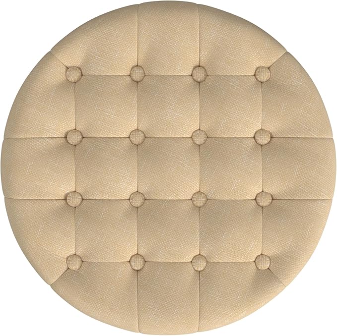 HomePop by Kinfine Fabric Upholstered Round Storage Ottoman - Button Tufted Ottoman with Removable Lid, Light Tan Textured Solid