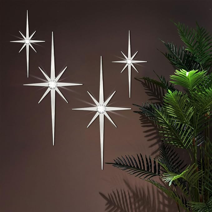 4 Pack Metal Star Wall Art 8 Pointed Starburst Wall Decor Set with 2 Large & 2 Small Pieces Mid Century Celestial Metal Wall Sculpture for Bedroom Living Room Office Gallery Wall