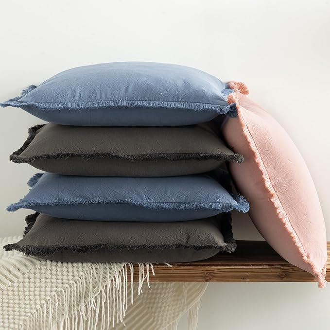 ZWJD Pillow Covers 18x18 Set of 2 Dark Gray Throw Pillow Covers with Fringe Chic Cotton Decorative Pillows Square Cushion Covers for Sofa Couch Bed Living Room Farmhouse Boho Decor