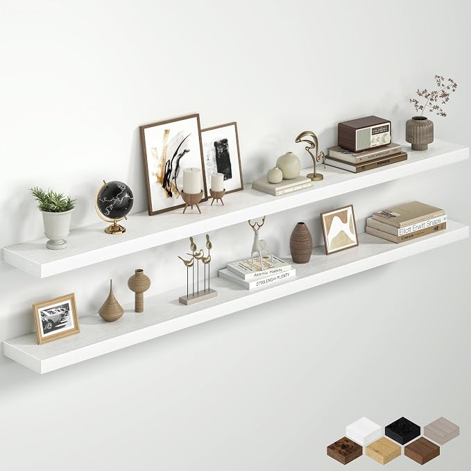 Fun Memories 72 Inch Floating Shelves for Wall, 8 Inch Deep Wall Mounted Wood Shelves with Invisible Brackets for Bathroom, Bedroom & Kitchen Storage Decor, White, 2 Pack