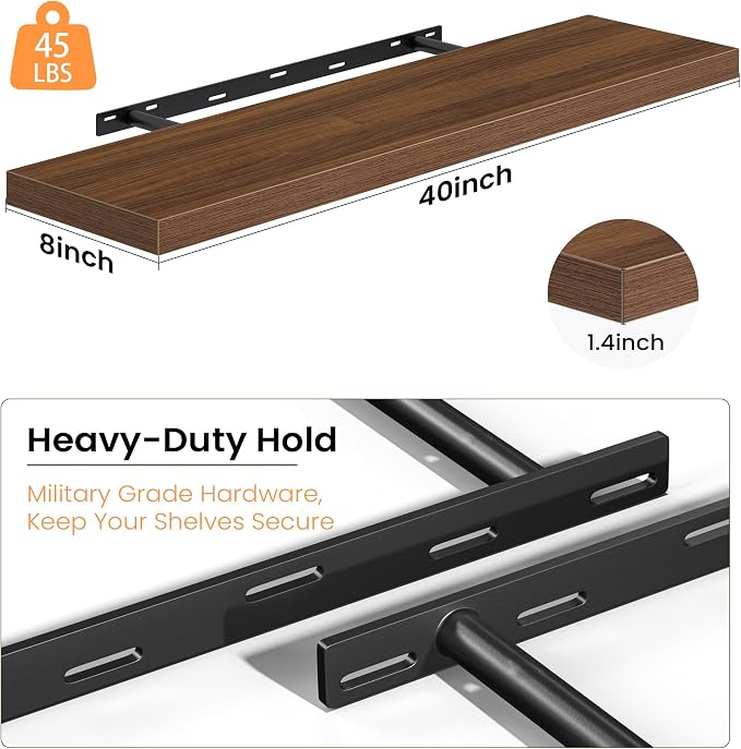Fun Memories Floating Shelves for Wall, 40 Inch Long Set of 2 Rustic Wood Wall Shelves with Invisible Brackets, Heavy Duty Storage Display for Living Room Bedroom Kitchen, Walnut