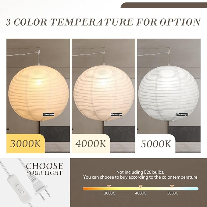 Paper Lantern Lamp Plug in Hanging Lamp 23.6in White Rice Paper Pendant Light with 19.7FT Cord Large Globe Japanese Japandi Wabi Sabi Chandelier for Dining Living Room Bedroom Office 2 Pack