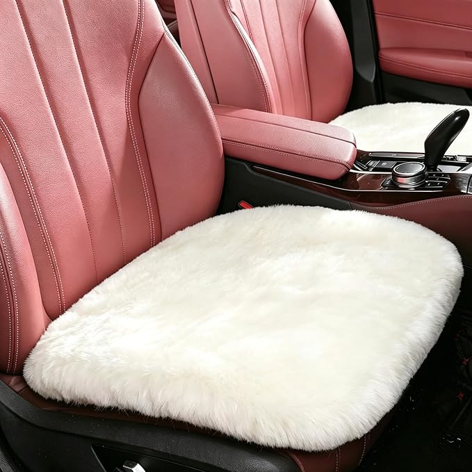 OGLAND Fuzzy Sheepskin Car Seat Cover | Luxury Comfortable Soft Cushion All Seasons | Auto Golf Cart Protection Pad for Pet Elderly Durable Long Drive Travel (White 1 Front Seat Cover)