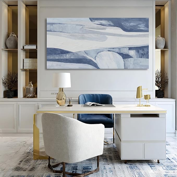 Hue7Art Modern Abstract Canvas Wall Art Blue and White Minimalist Landscape Painting, Soft Flowing Texture Artwork for Living Room Bedroom Office Hallway Wall Decor 24x48 Inch