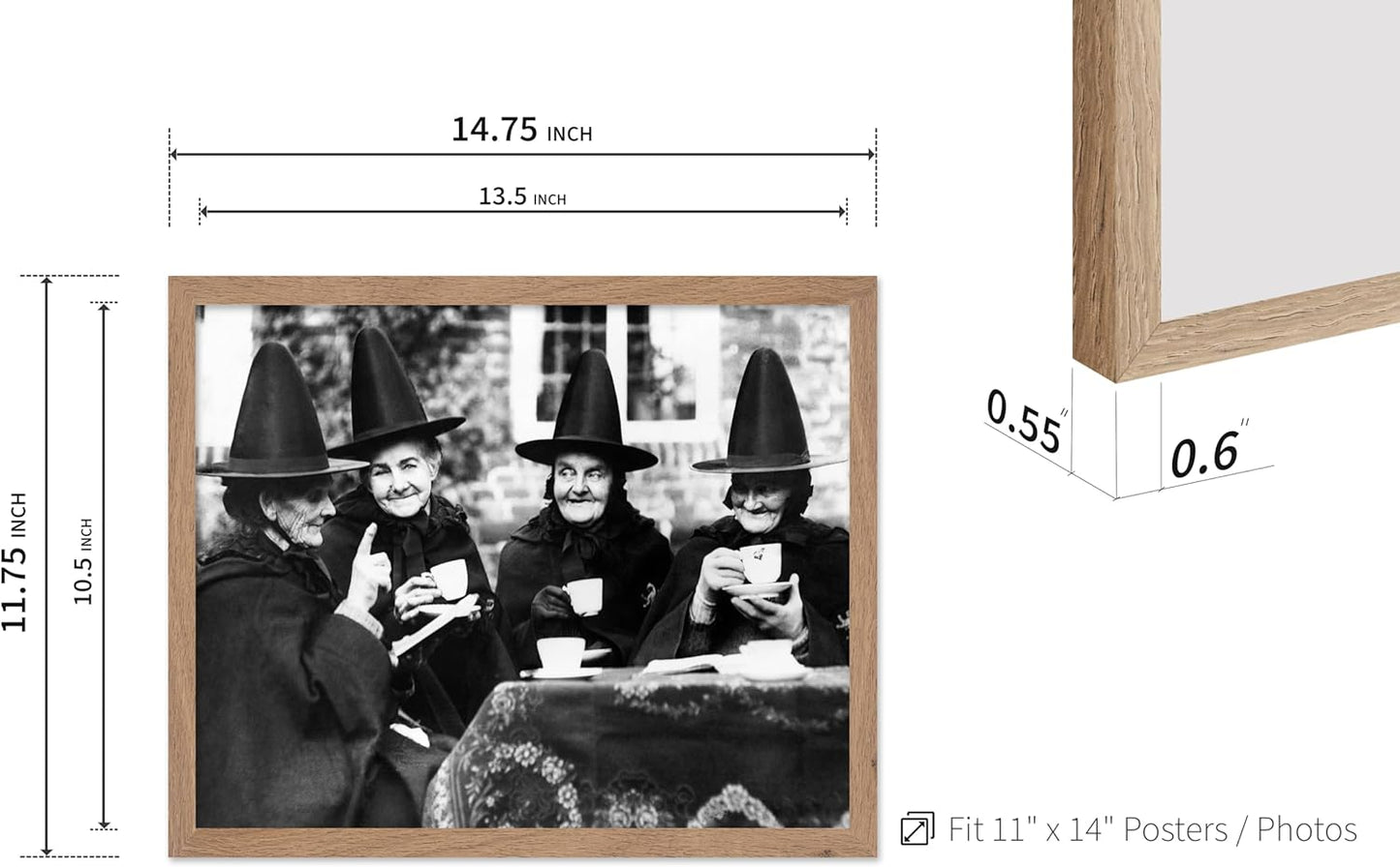 Poster Master Classic Photograph Poster - Vintage Halloween Print - Gift for Artist, Friend - Witches Tea Party, Old Women Smiling, Wearing Robes - Wall Decor for Living Room, 11x14 Beige Framed