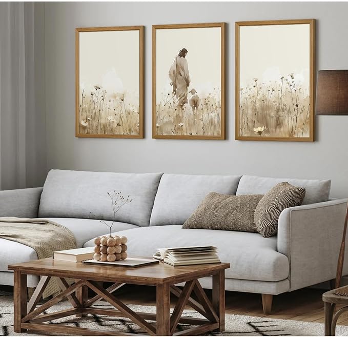 Jesus Leaves the 99 Sheep Wall Art Christian Canvas Poster Jesus and Lamb Wall Decor Religious Pictures Lost Sheep Painting God Christ Painting Artwork for Bedroom Living Room 12x16x3 Inch Wood Framed