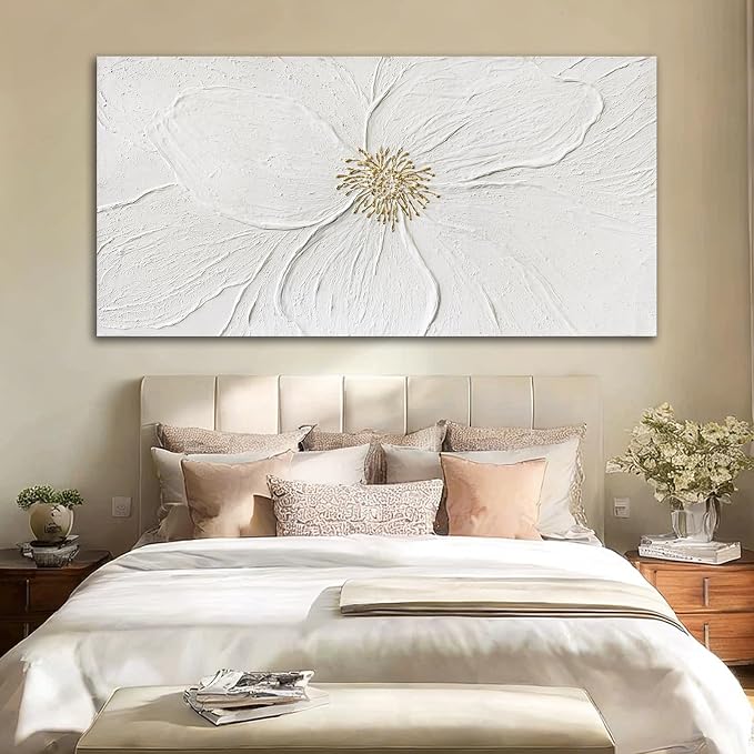 Large Floral Abstract Wall Art, Hand Painted Textured Canvas with Soft Organic Petal Forms, Ivory and Beige Tones with Gold Accents, Oversized Modern Statement Wall Decor, Gallery Wrapped, 29×58 Inch
