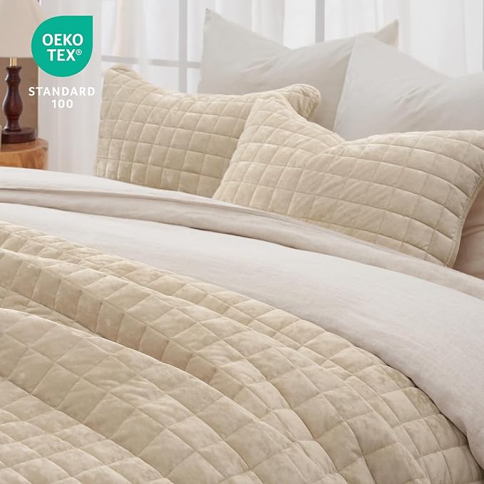 PHF Luxurious Velvet Quilt Set Queen Size – 3PCS Super Soft Quilted Comforter Alternative with Square-Box Quilt Pattern, Warm Quilted Bedspread Coverlet, 90" x 92", Oxford Tan