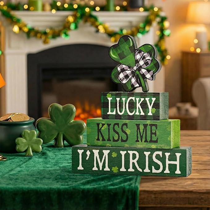 Smile St.Patrick's Day Wooden Block Decor Set of 4 Shamrock & "LUCKY KISS ME I'M IRISH", Tabletop Shelf Lucky Holiday Decoration