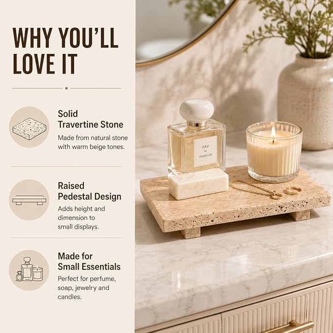 Travertine Vanity Riser for Soap & Perfume 9.84 in | Pedestal Tray for Jewelry and Candles, Decorative Bathroom Counter Dresser Decor